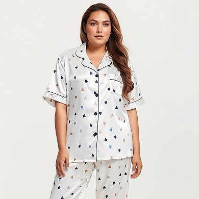 Women's PLus Size Heart Print Satin Pajama Set with Short Sleeve Top and Relaxed Straight Leg Pants