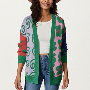 Women's Multi Pattern Open Front Cardigan with Long Sleeves and Comfortable Relaxed Layering Fit