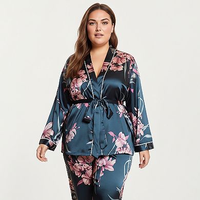 Women's PLus Size Satin Pajama Set with Wrap Front Tie Waist Top and Straight Leg Pants