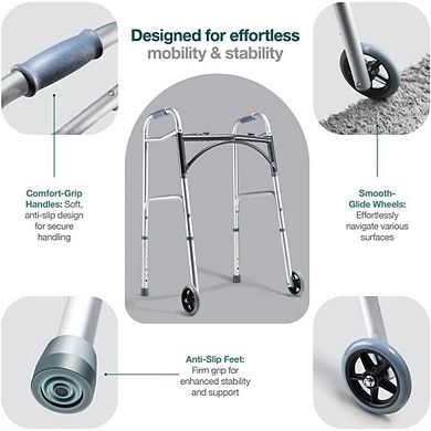 Folding Walker with Wheels for Seniors - Lightweight, Aluminum, Adjustable Height, Up to 350 lbs