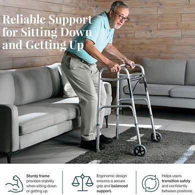 Folding Walker with Wheels for Seniors - Lightweight, Aluminum, Adjustable Height, Up to 350 lbs