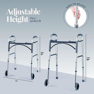 Folding Walker with Wheels for Seniors - Lightweight, Aluminum, Adjustable Height, Up to 350 lbs