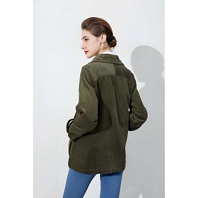 Women's Fall Corduroy Shacket Long Sleeve Button Down Top with Pockets