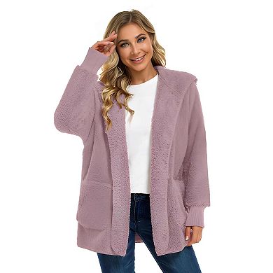 Women’s Sherpa Jacket with Hood, Open Front, and Pockets