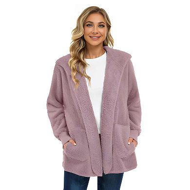 Women’s Sherpa Jacket with Hood, Open Front, and Pockets