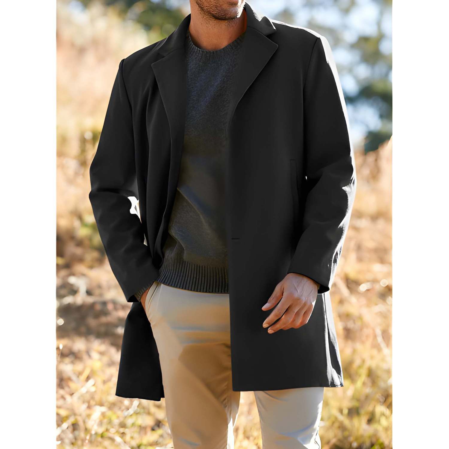 Men's Slim Fit Trench Coat Single-Breasted Notched Collar Overcoat