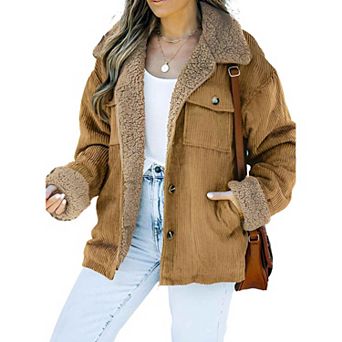 Womens Corduroy Sherpa Jacket with Warm Fleece Collar