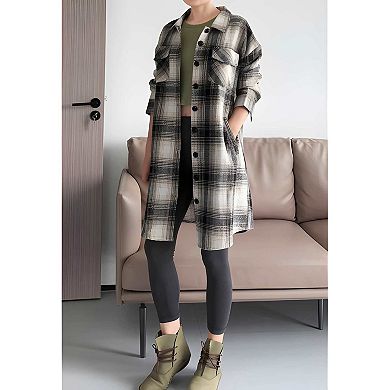 Womens Plaid Flannel Shacket Long Sleeve Button Down Shirt Jacket