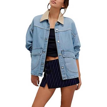 Women Oversized Denim Jacket Contrast Trim Button Down Jean Coat