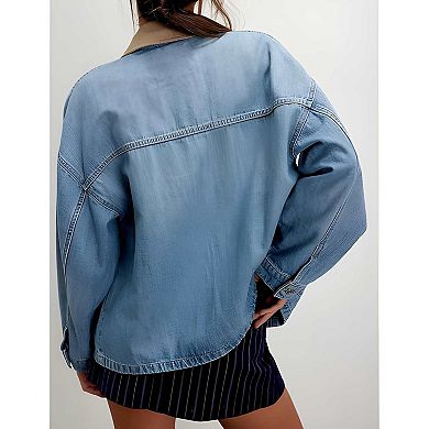 Women Oversized Denim Jacket Contrast Trim Button Down Jean Coat