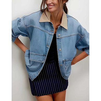 Women Oversized Denim Jacket Contrast Trim Button Down Jean Coat
