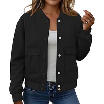Womens Cropped Bomber Jacket Casual Fall Winter Button Down Coat