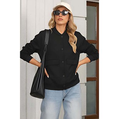 Womens Cropped Bomber Jacket Casual Fall Winter Button Down Coat