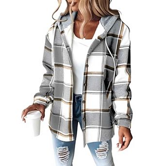 Women Lightweight Plaid Fleece Lined Hooded Shacket Jacket