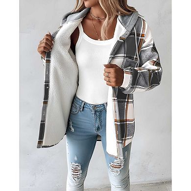 Women Lightweight Plaid Fleece Lined Hooded Shacket Jacket