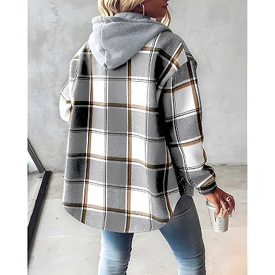Women Lightweight Plaid Fleece Lined Hooded Shacket Jacket