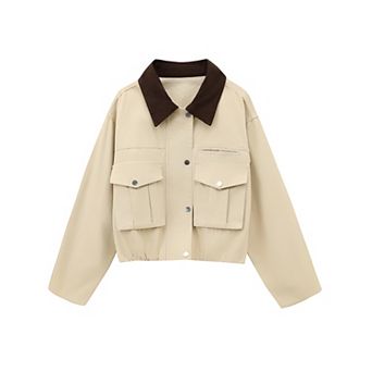 Womens Cropped Utility Jacket with Contrast Collar and Cargo Style Pockets