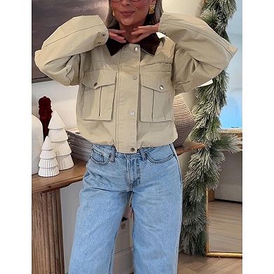 Womens Cropped Utility Jacket with Contrast Collar and Cargo Style Pockets
