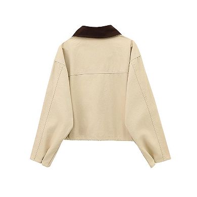 Womens Cropped Utility Jacket with Contrast Collar and Cargo Style Pockets