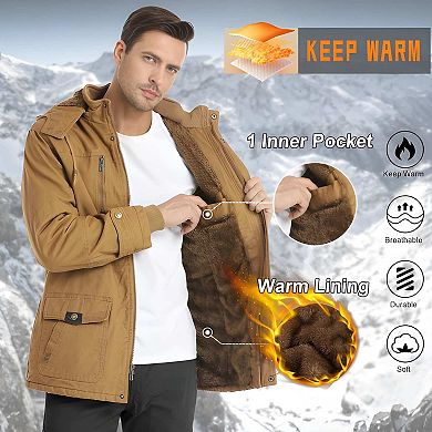 Men’s Hooded Winter Fleece Jacket Military Coat with Cargo Pockets