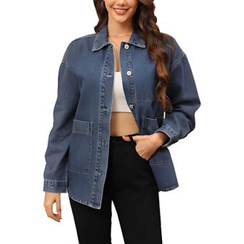 Oversized Long Sleeve Denim Jacket for Women with Pockets