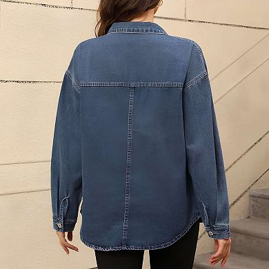 Oversized Long Sleeve Denim Jacket for Women with Pockets