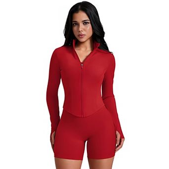 Women Lightweight Zip Up Crop Workout Jacket with Thumb Holes