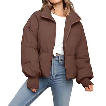 Womens Cropped Puffer Jacket Quilted Oversized Zip Up Winter Coat