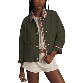 Women Plaid Cropped Bomber Jacket Zip Up Casual Spring Coat