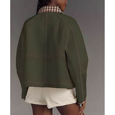 Women Plaid Cropped Bomber Jacket Zip Up Casual Spring Coat