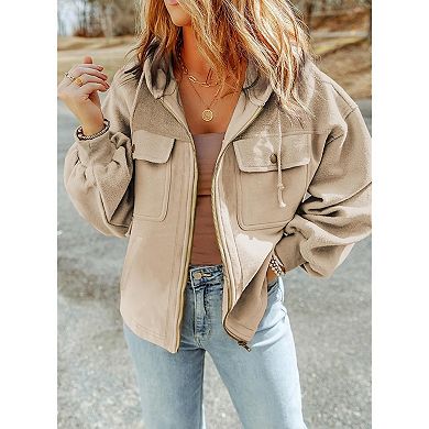 Womens Fuzzy Sherpa Hooded Zip Up Jacket with Pockets