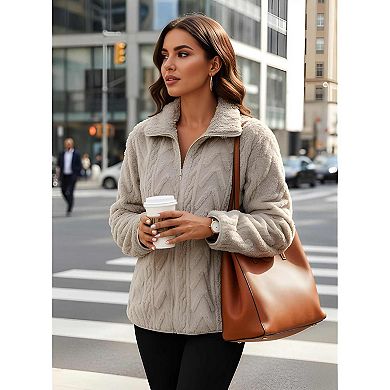 Women's Casual Fleece Jacket Full-Zip Stand Collar Coat