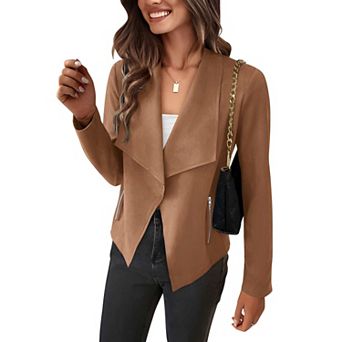 Women’s Long Sleeve Faux Suede Open Front Cropped Coat