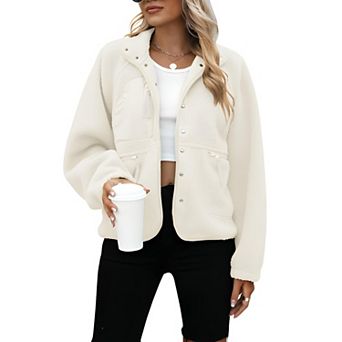 Women Fleece Sherpa Jacket Button Down Short Cozy Winter Coat