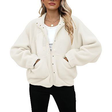 Women Fleece Sherpa Jacket Button Down Short Cozy Winter Coat