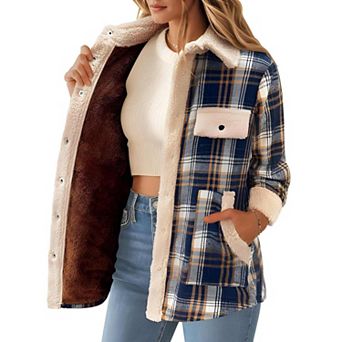 Womens Fleece Lined Plaid Shacket Cozy Button Down Winter Jacket