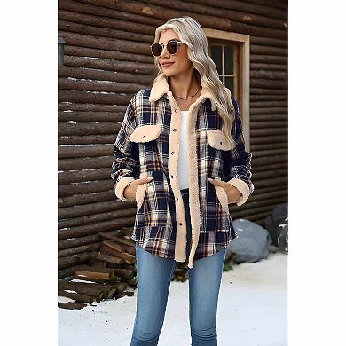 Womens Fleece Lined Plaid Shacket Cozy Button Down Winter Jacket