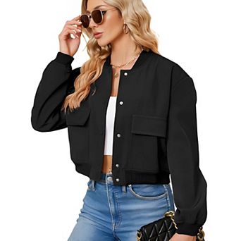 Women’s Cropped Bomber Jacket with Button Front and Pockets