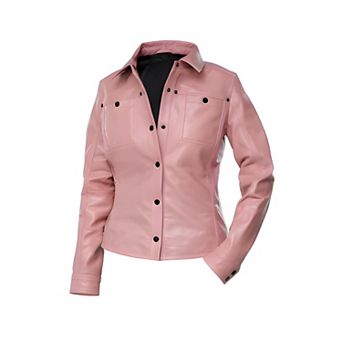 Button Front Lambskin Leather Shacket for Women Casual Shirt Style
