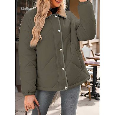 Warm Quilted Puffer Jacket with Long Sleeves and Button Front