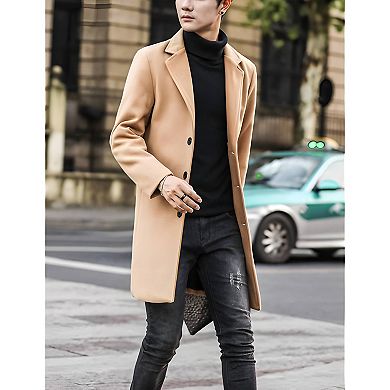 Men's Wool Blend Pea Coat Single-Breasted Notched Collar Overcoat
