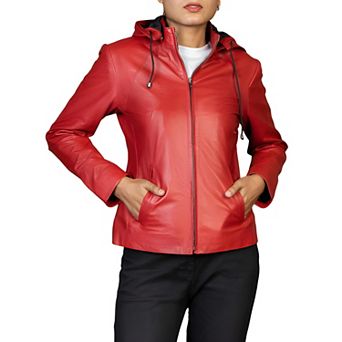Real Leather Biker Jacket for Women with Removable Hood Slim Fit Style