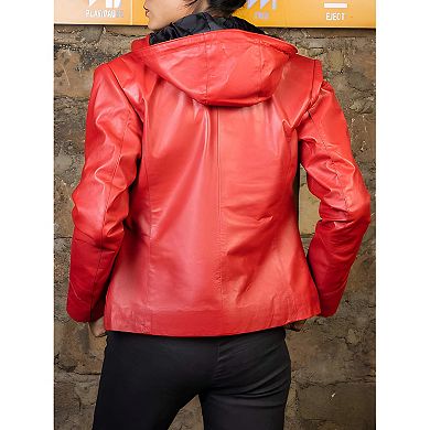 Real Leather Biker Jacket for Women with Removable Hood Slim Fit Style