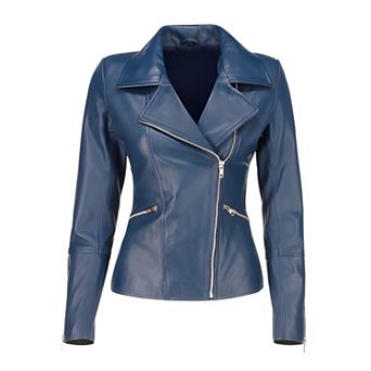 Women Asymmetrical Zip Lambskin Leather Moto Jacket Casual Biker Coat