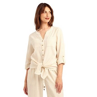 Women's AB Studio Button Front Mandarin Collar Top