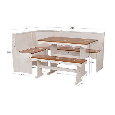 Linon Clara Cottage Nook Corner Dining Set with Benches