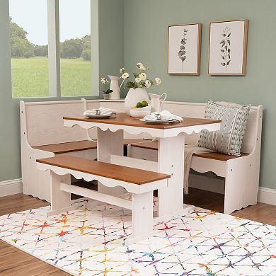 Linon Clara Cottage Nook Corner Dining Set with Benches
