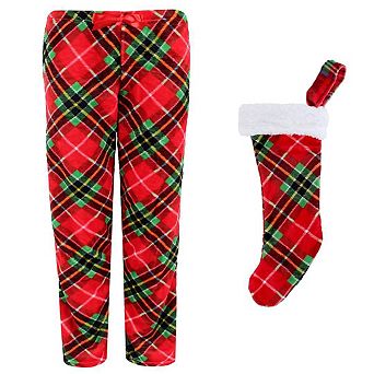 Weekending Juniors Girls Plaid Holiday Plush Pant with Stocking Set