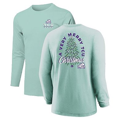 Youth Light Green TCU Horned Frogs Merry Christmas Tree Long Sleeve T-Shirt