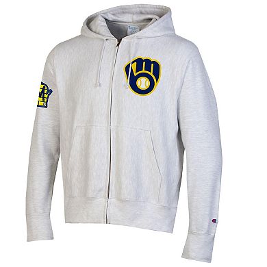 Men's Champion Gray Milwaukee Brewers Reverse Weave Chenille Full-Zip Hoodie